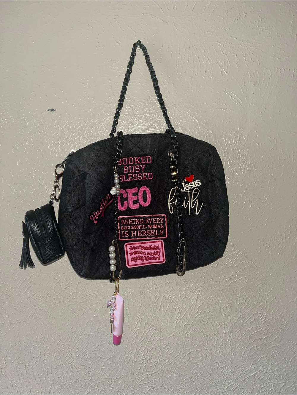 Black Quilted Statement Tote with Pink Graphic Accents